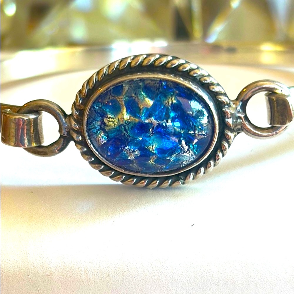 Sterling Silver Oval Blue Art Glass Hook Bangle Bracelet